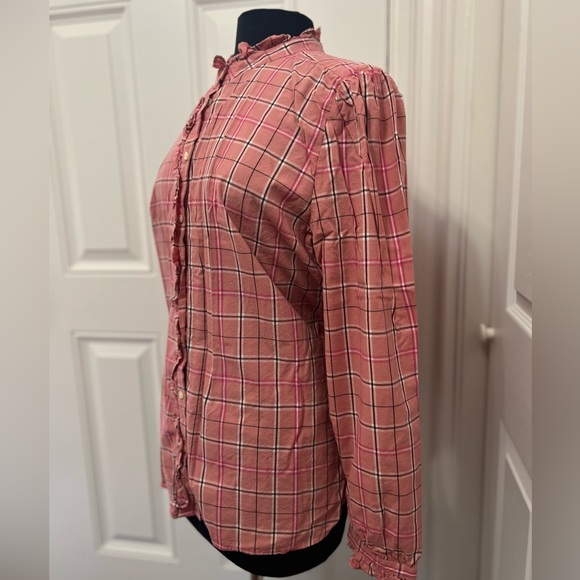 Loft Rose Pink Plaid Ruffle Neck Button Down Long Sleeve Shirt - Picture 9 of 15